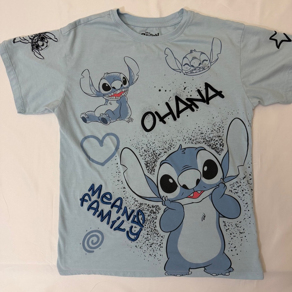 Disney Lilo & Stitch Ohana Means Family Light Blue Graphic Tee Shirt XS 0-2